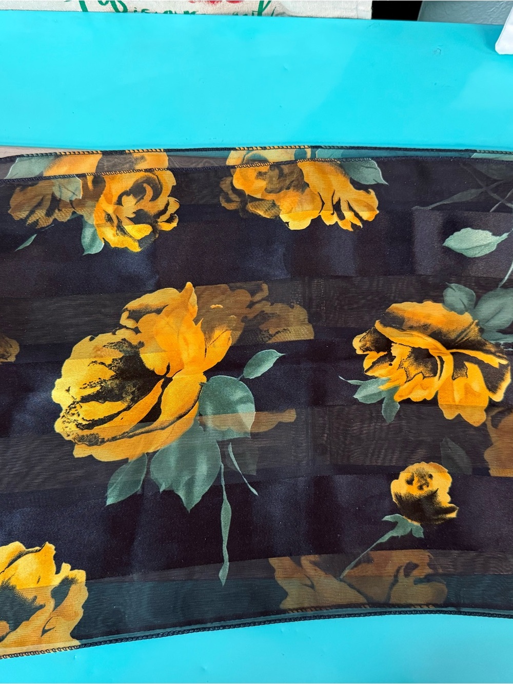 Source Unknown Black Sheer Scarf with Yellow Rose Print